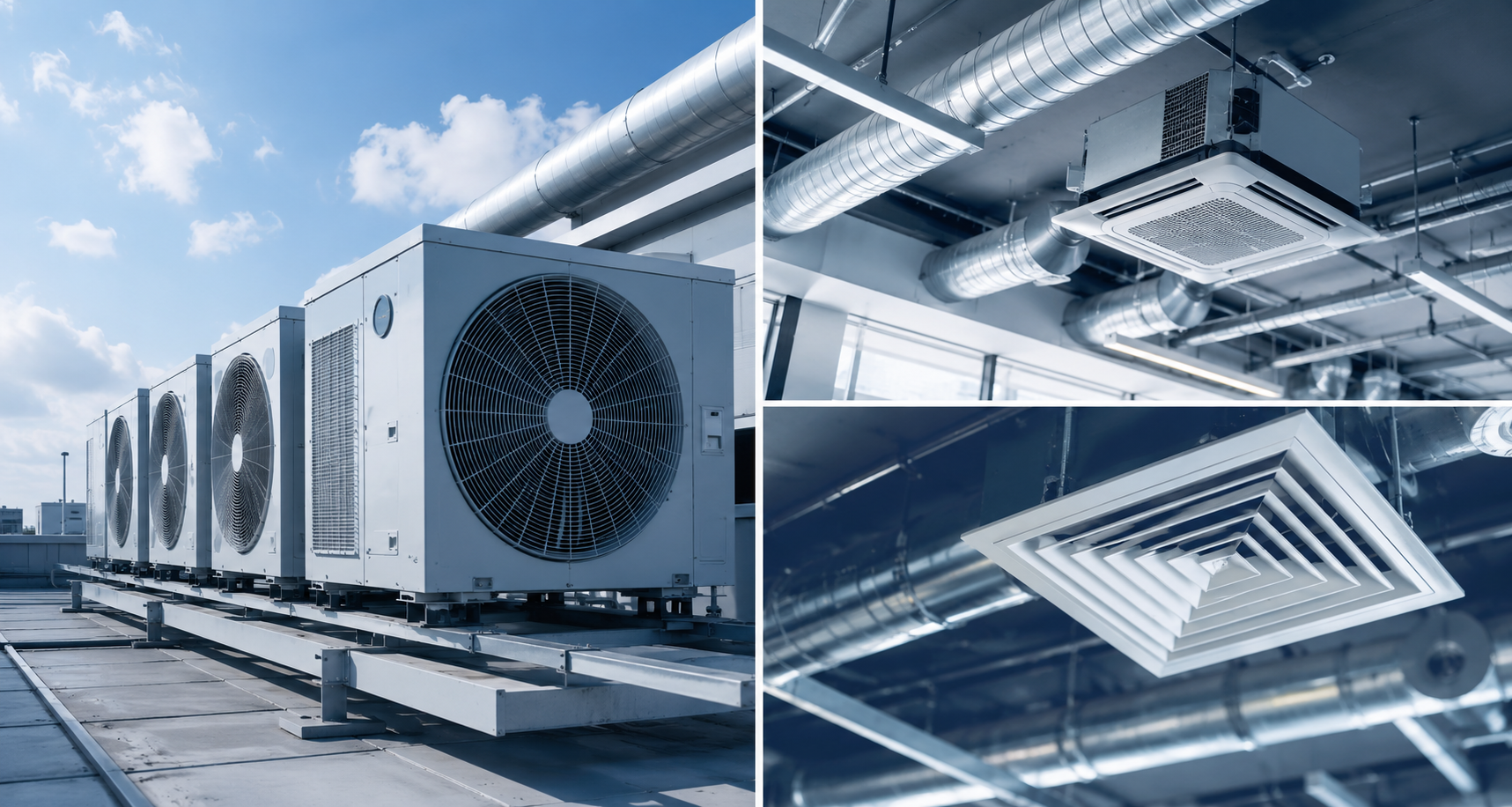 Rooftop VRF condenser units alongside ductwork, cassette unit, and diffuser installations